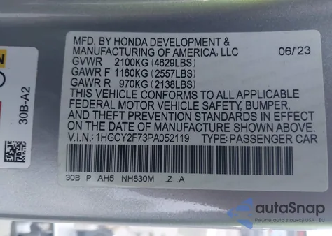2023 Honda Accord Hybrid Sport-L z USA, uszkodzony, nr VIN 1HGCY2F73PA052119